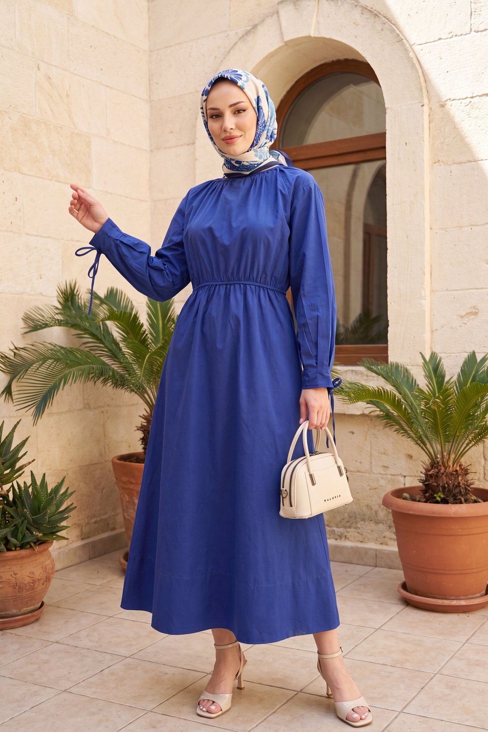 Bağlama Detaylı Beli Lastikli Poplin Elbise -Saks