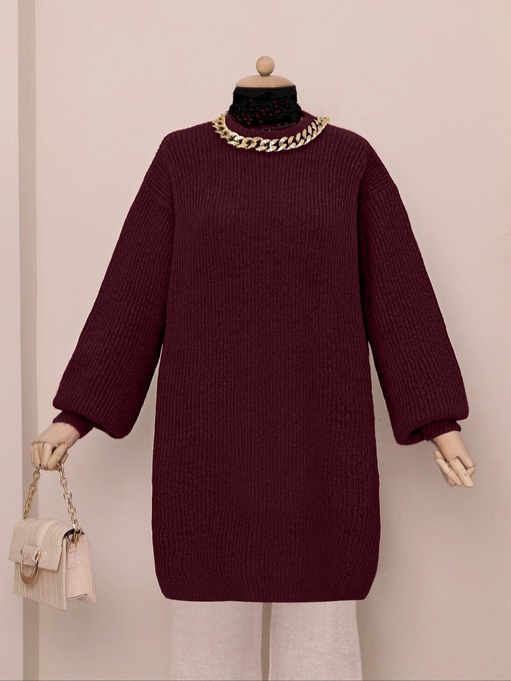 Balon Kol Yumoş Örme Triko Tunik    -Bordo
