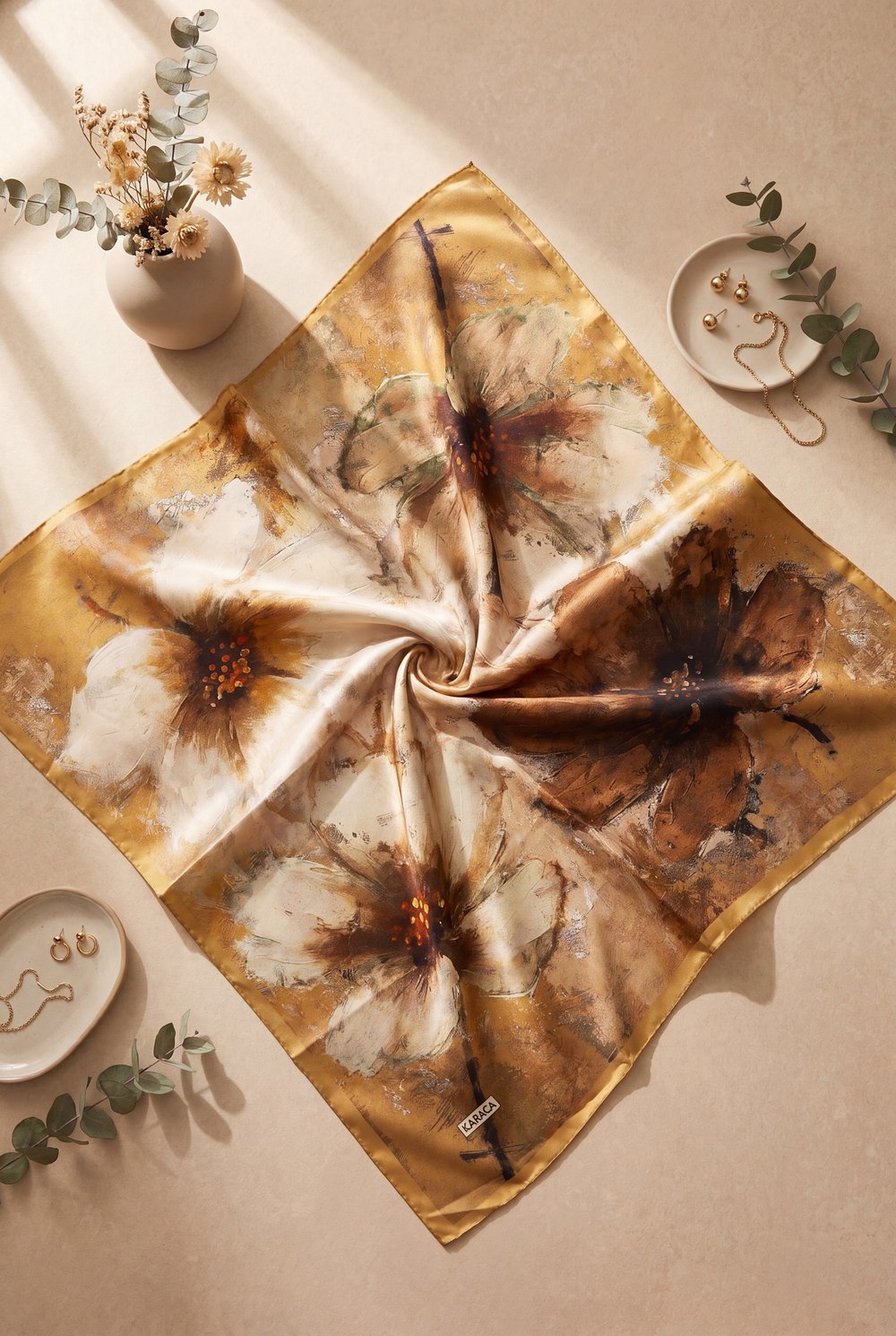 Baskı Efektli Rayon Eşarp -Taba