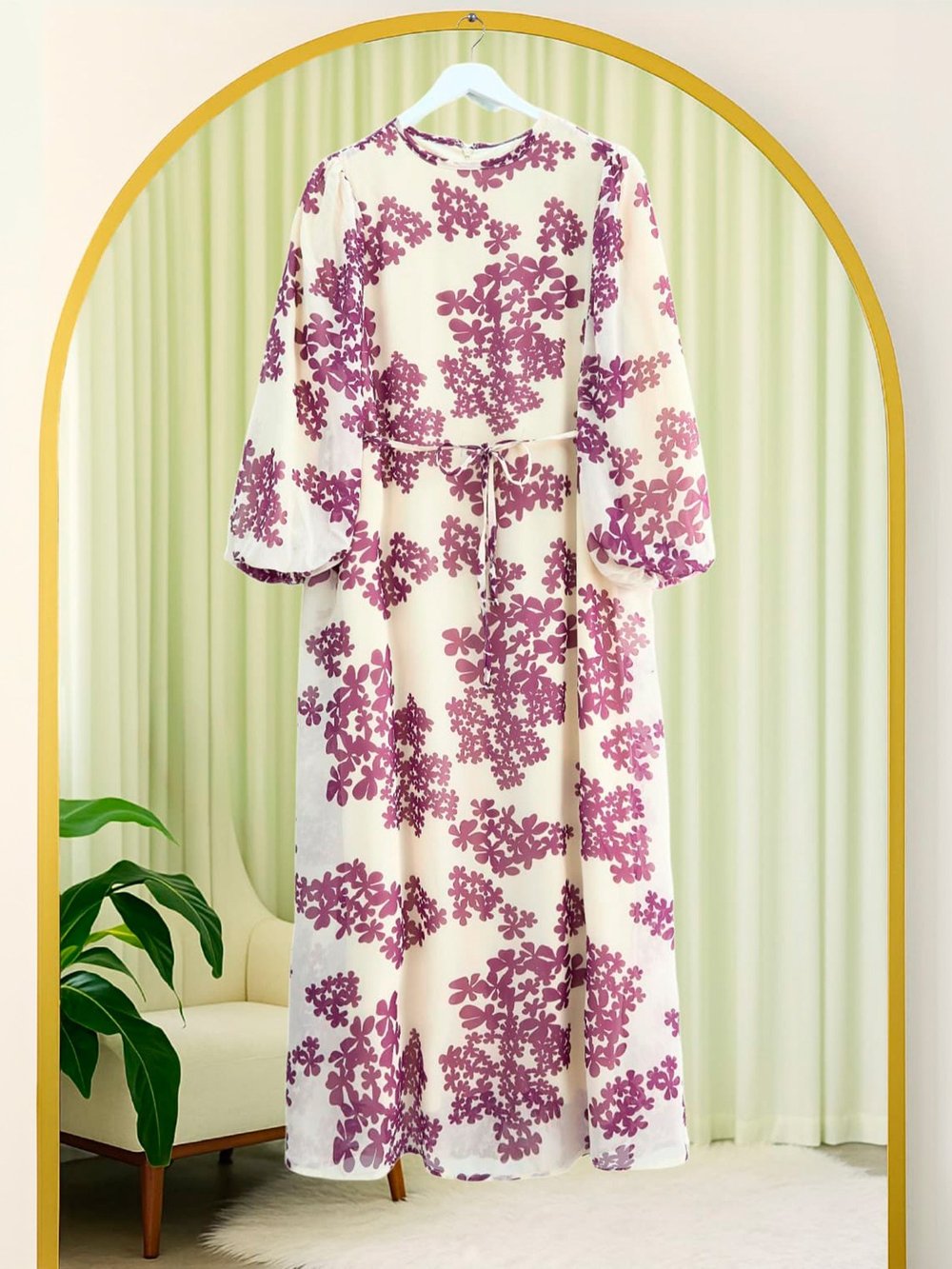 Batik Baskılı Astarlı Şifon Elbise  -Mor