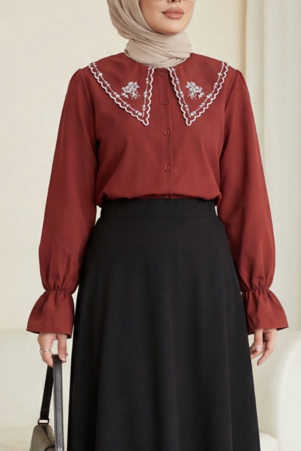 Bebe Yaka Fistolu Kolu Lastikli Poplin Gömlek Bluz -Bordo