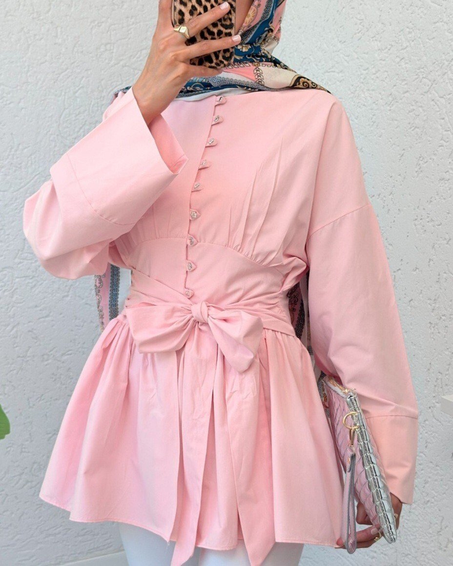 Beli Bağcıklı Boydan Taş Düğmeli Tunik -Pembe