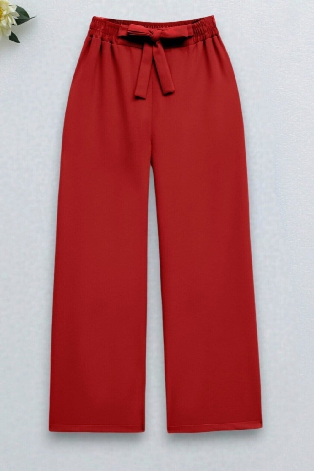Beli Bağcıklı Double Bol Paça Pantolon -Kırmızı