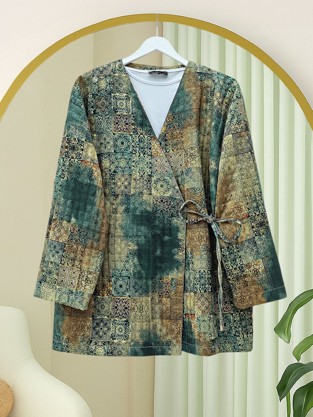 Beli Bağlamalı Cepli Desenli Astarlı Kapitone Kimono -Haki