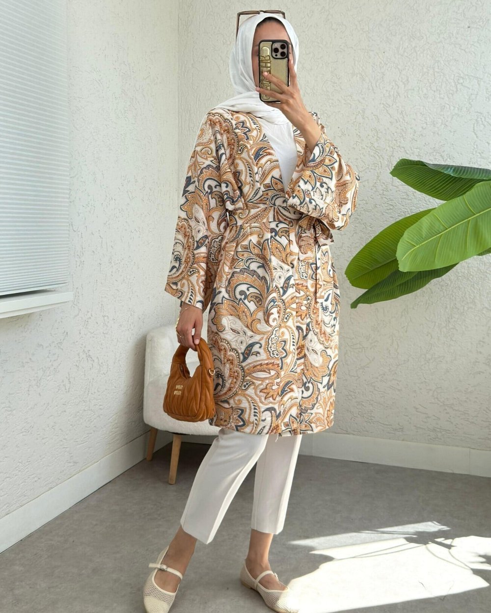 Beli Bağlamalı Etnik Desen Modal Kimono -Bej