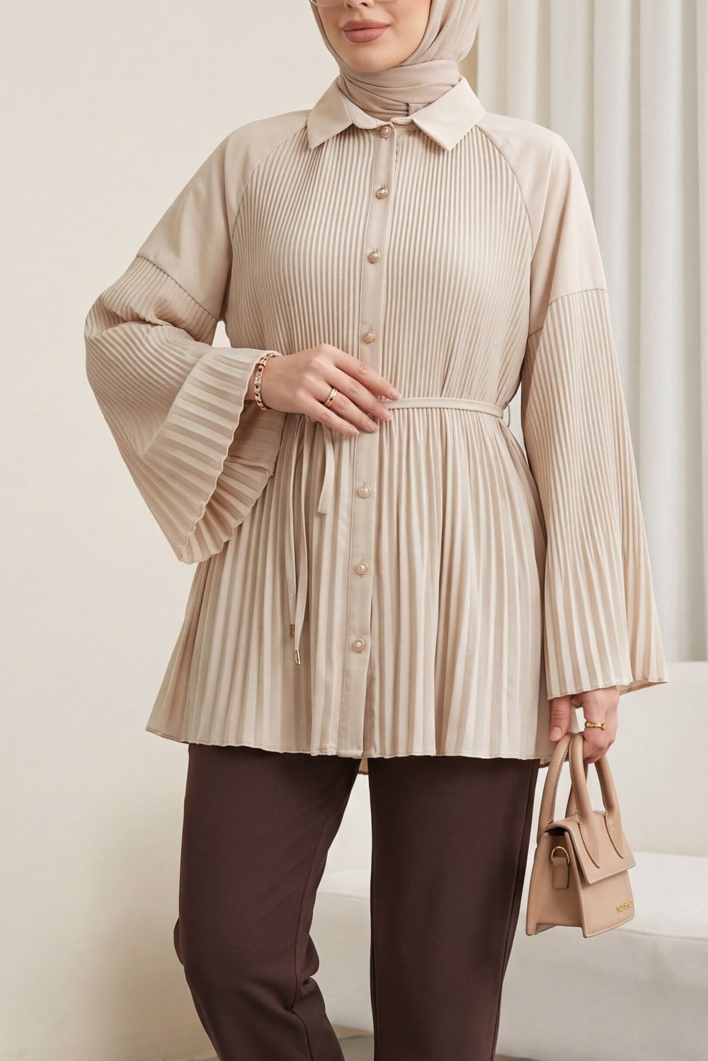 Beli Bağlamalı Taşlı Düğmeli Pliseli Poplin Tunik -Bej