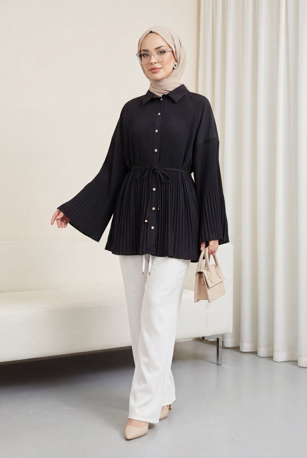 Beli Bağlamalı Taşlı Düğmeli Pliseli Poplin Tunik -Siyah