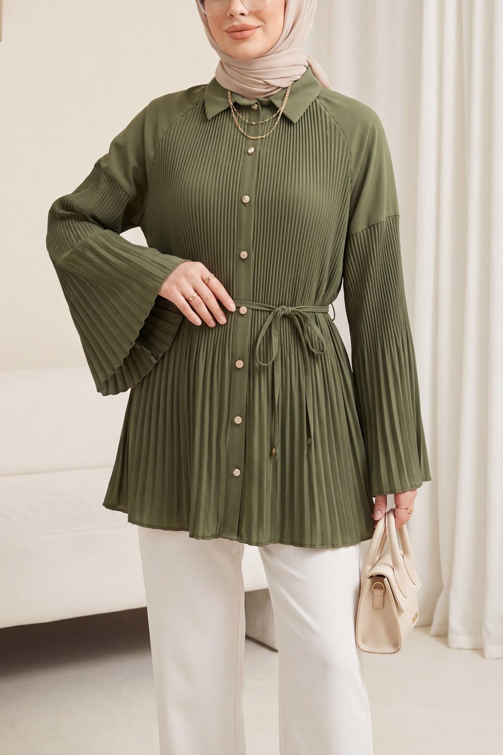Beli Bağlamalı Taşlı Düğmeli Pliseli Poplin Tunik -Haki