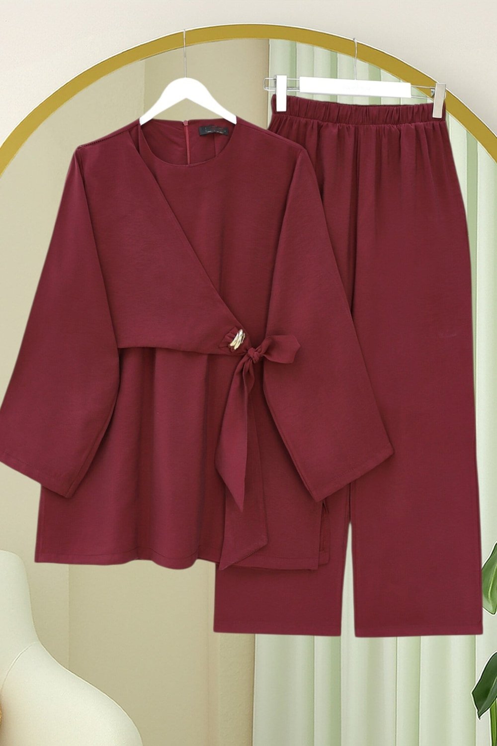 Beli Çapraz Bağlamalı Pantolonlu Modal Takım  -Bordo