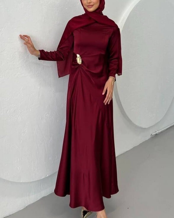 Beli Drapeli Düz Saten Elbise -Bordo