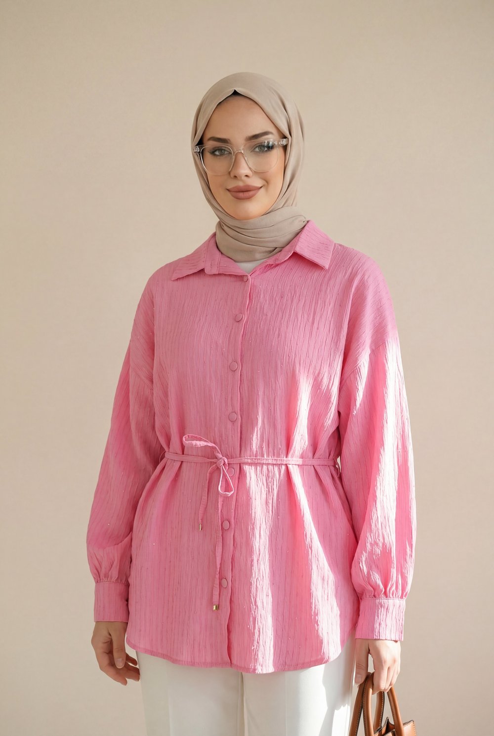 Beli Kemerli Dikiş Ve Pul Detaylı Düğmeli Gömlek -Pembe