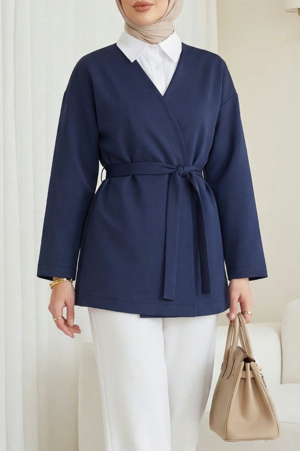 Beli Kuşaklı V Yaka  Scuba Kimono  -Laci