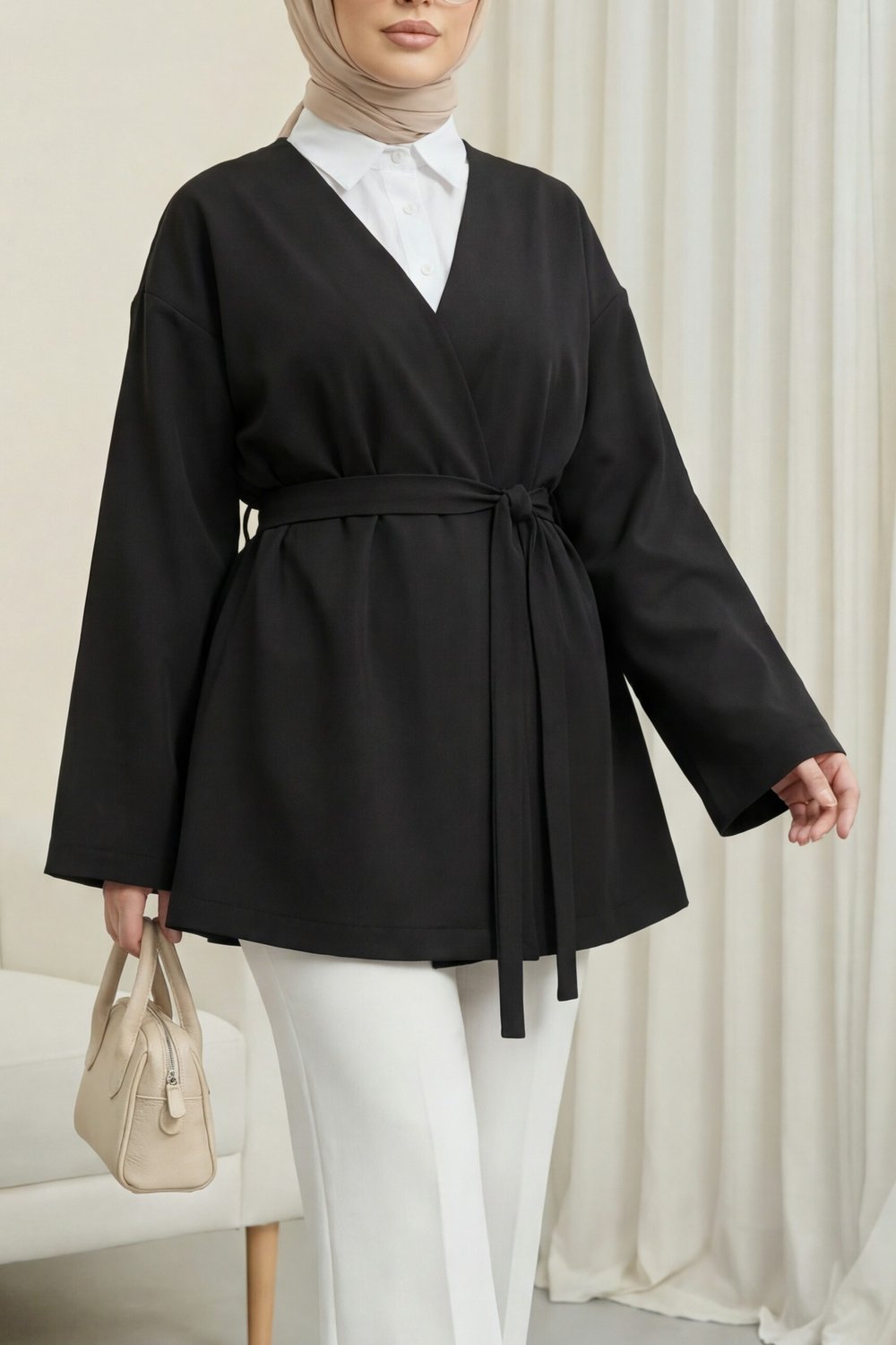 Beli Kuşaklı V Yaka  Scuba Kimono  -Siyah