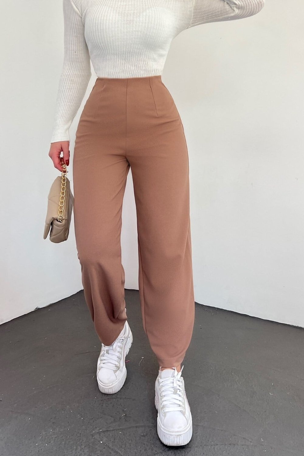 Beli Lastikli Balon Pantolon -Vizon