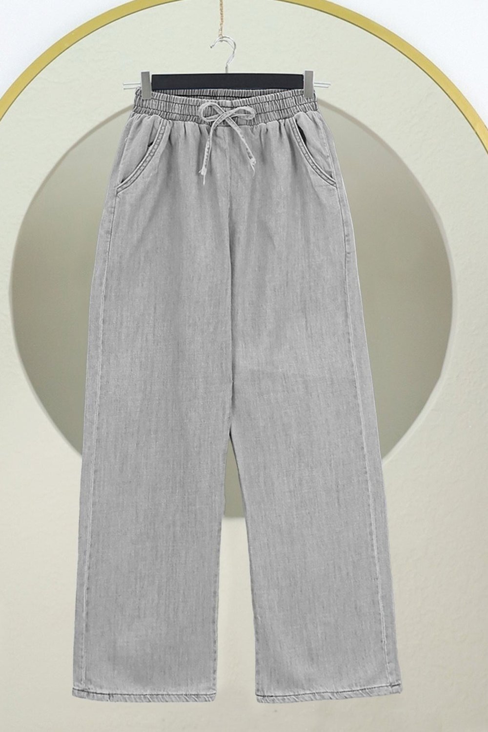 Beli Lastikli Cepli Bol Paça Kot Pantolon         -Gri