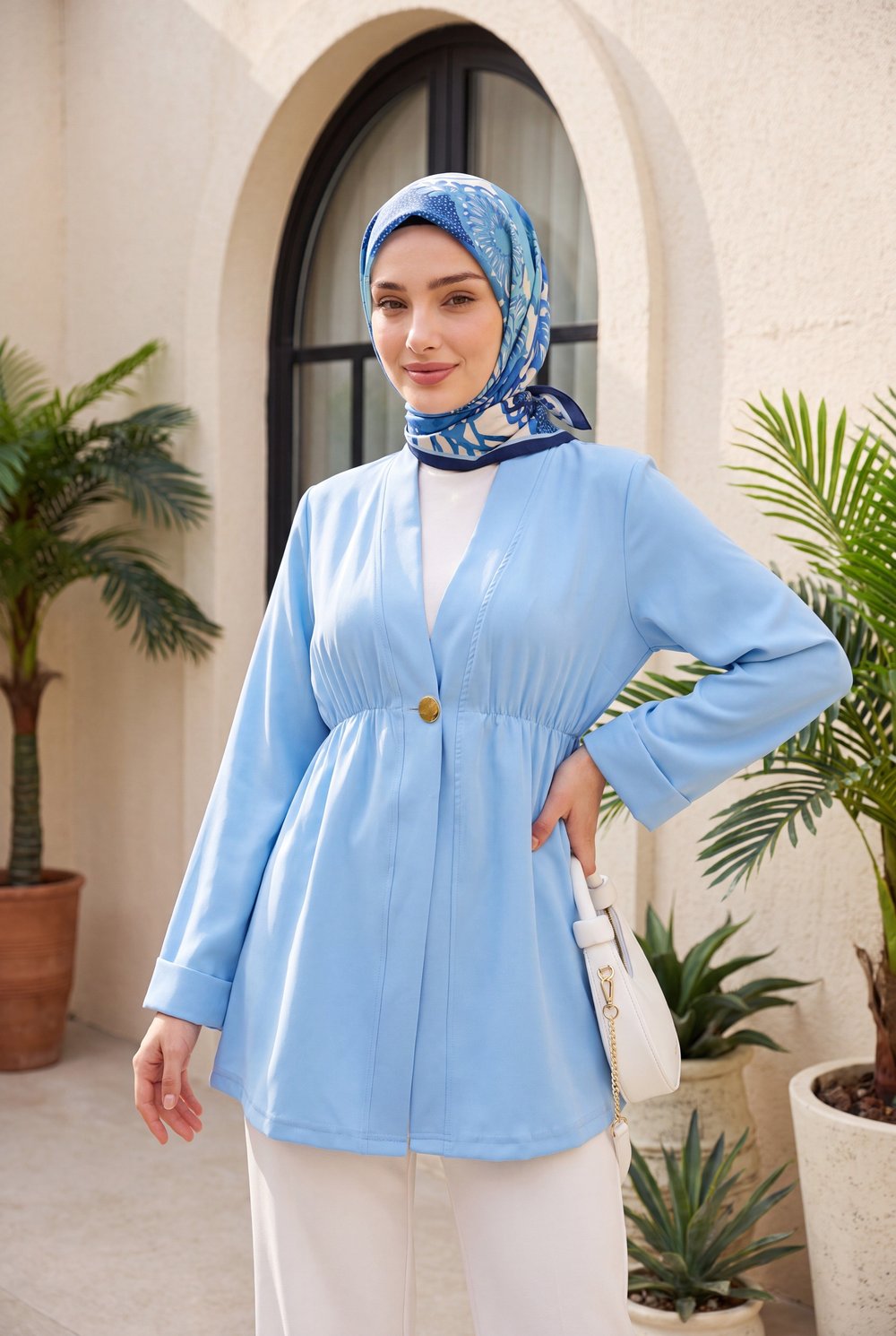 Beli Lastikli Kolu Katlamalı Tek Düğmeli Krep Kimono -Bebe Mavi