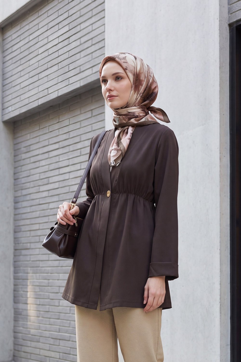 Beli Lastikli Kolu Katlamalı Tek Düğmeli Krep Kimono -Koyu Kahverengi