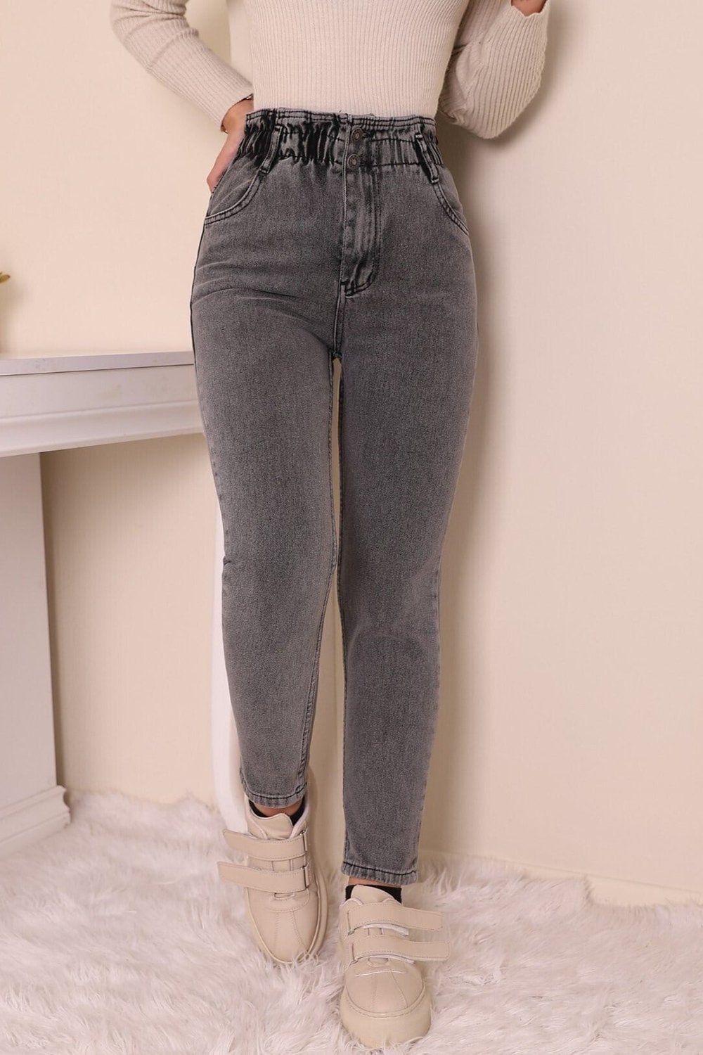Beli Lastikli Yüksek Bel Kot Pantolon   -Gri
