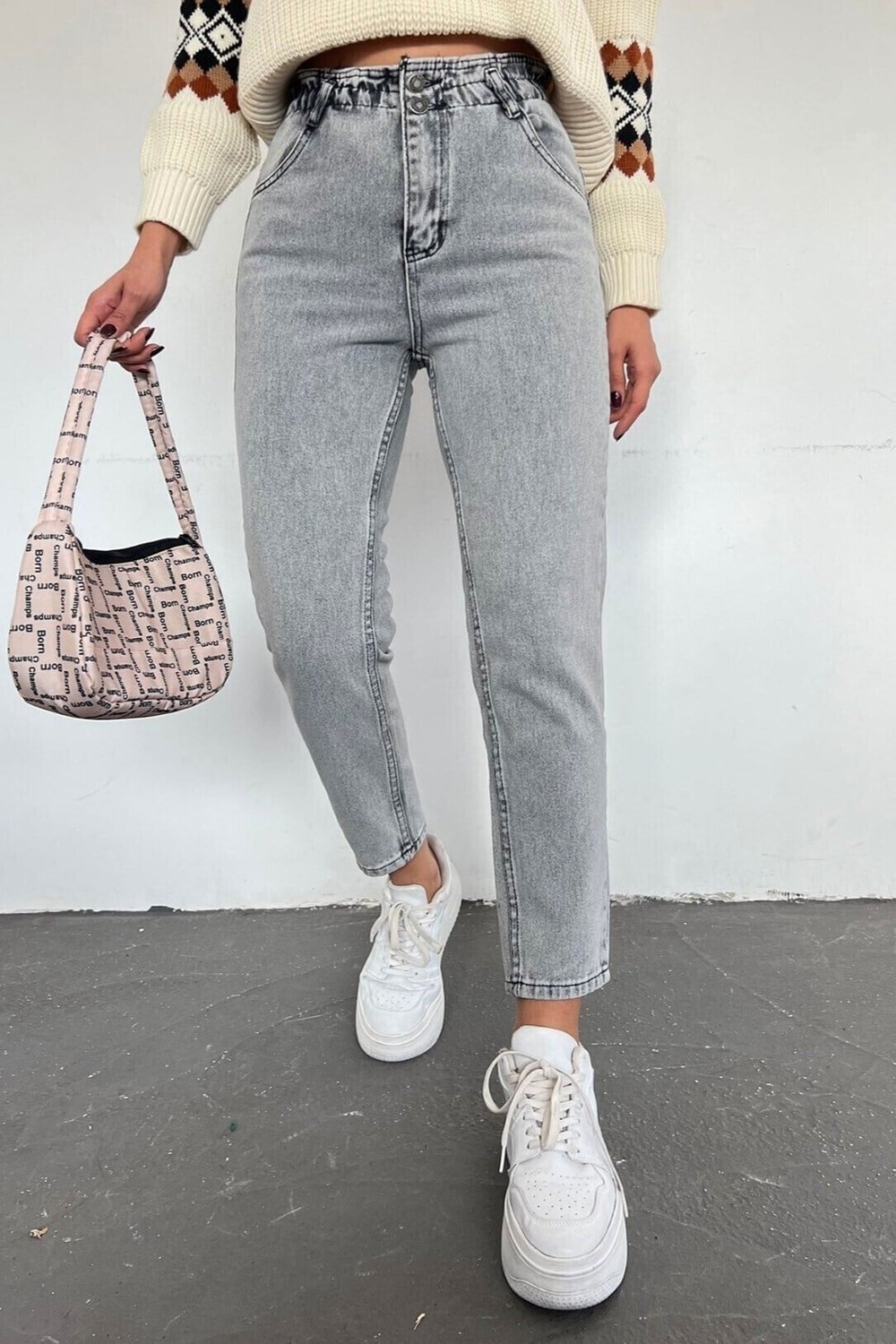 Beli Lastikli Yüksek Bel Kot Pantolon -Füme