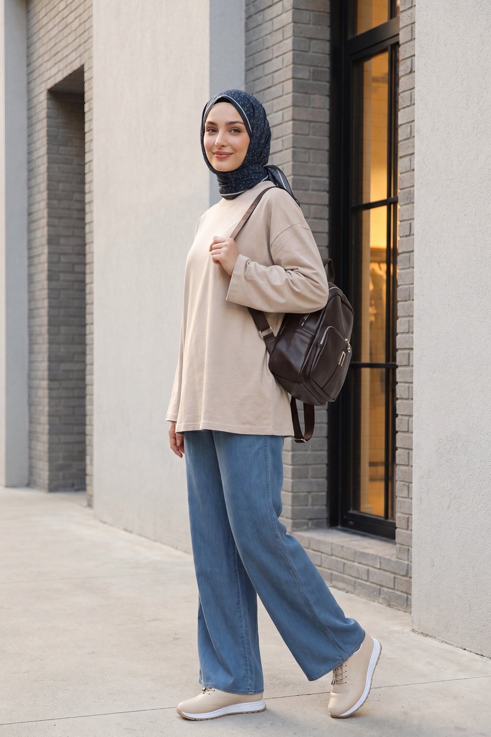 Bisiklet Yaka Uzun Kollu Oversize Penye Sweat -Taş rengi