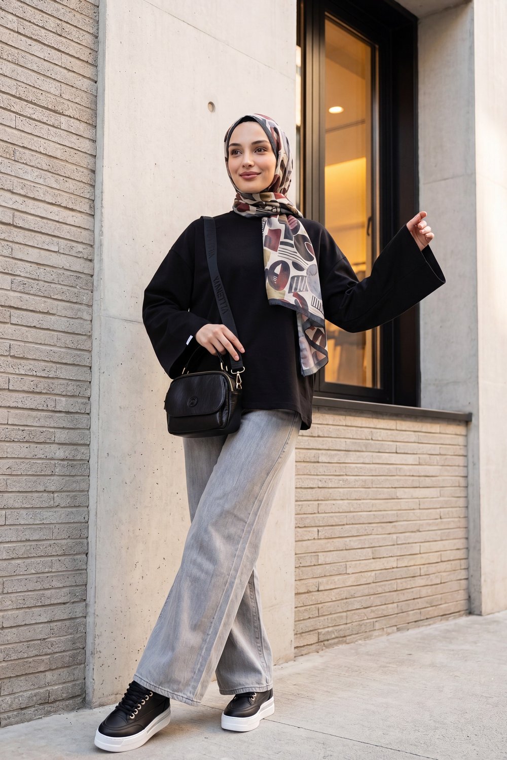 Bisiklet Yaka Uzun Kollu Oversize Penye Sweat -Siyah