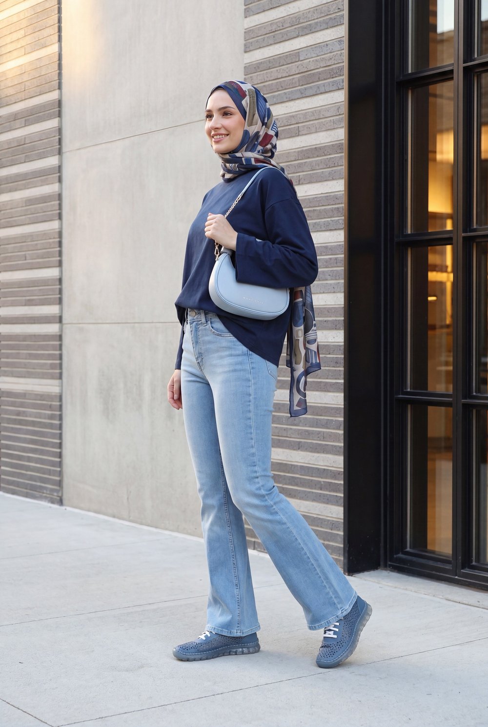 Bisiklet Yaka Uzun Kollu Oversize Penye Sweat -Lacivert