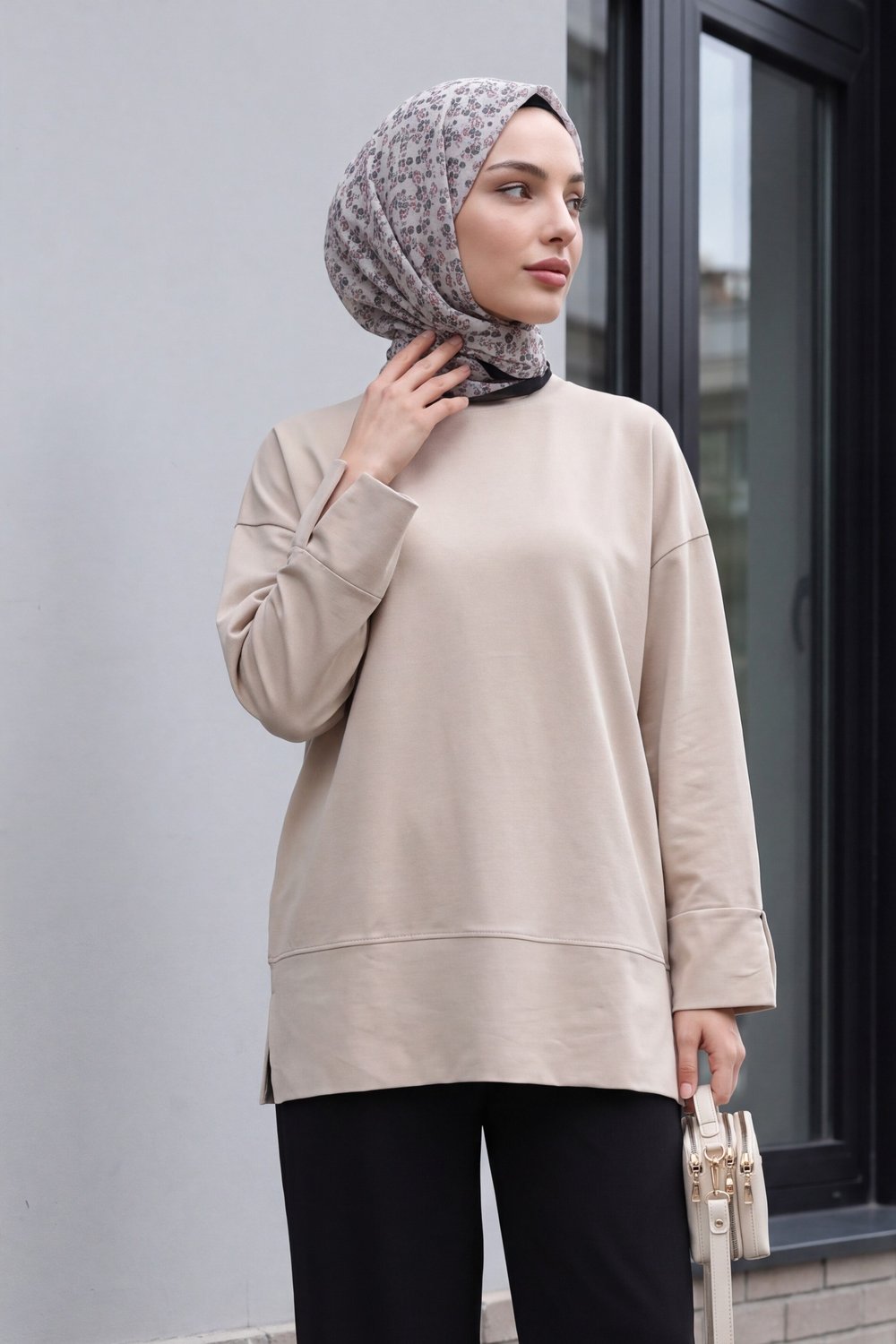Bisiklet Yaka Yırtmaçlı Oversize Penye Tunik  -Vizon