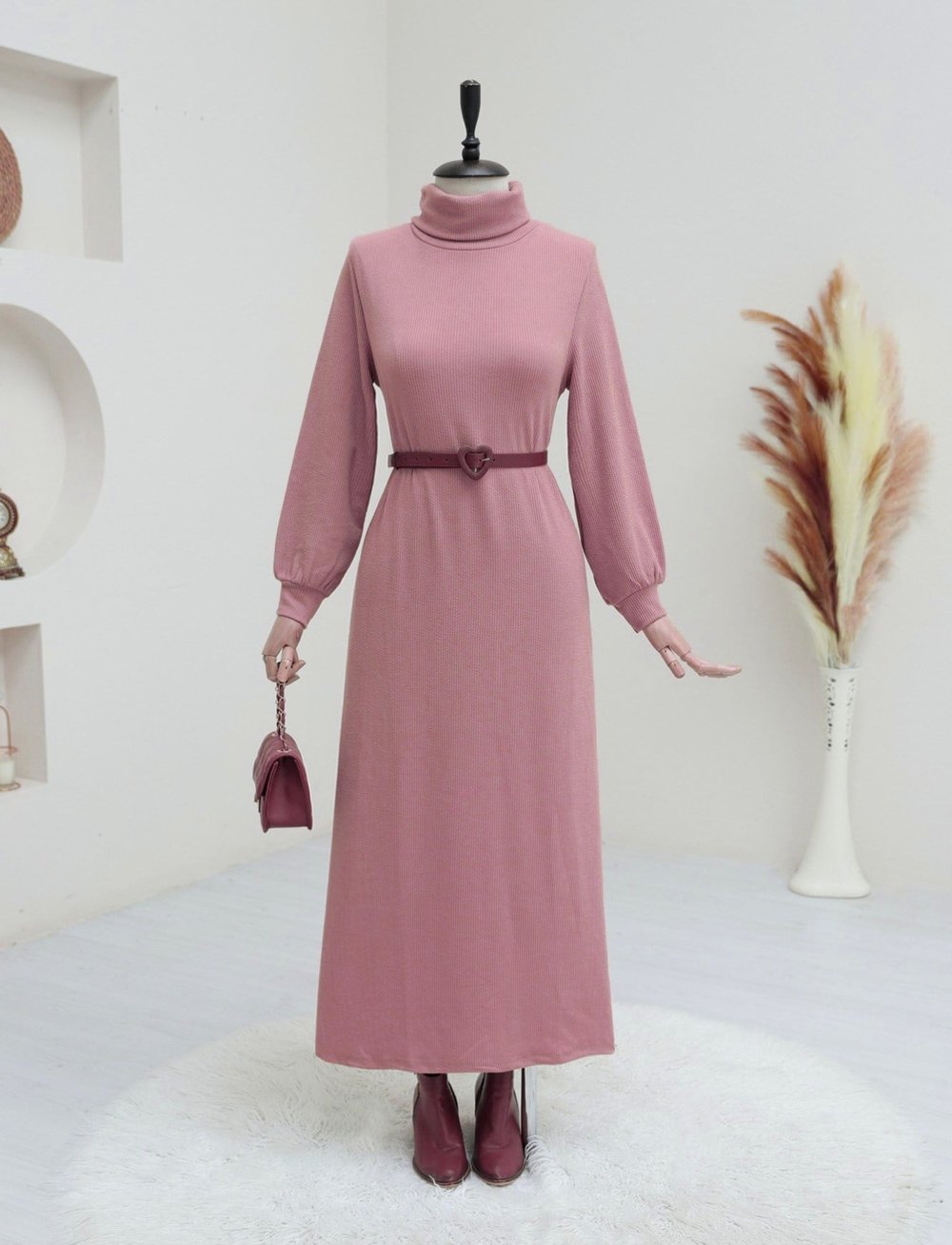 Boğazlı Fitilli Elbise  -Pembe