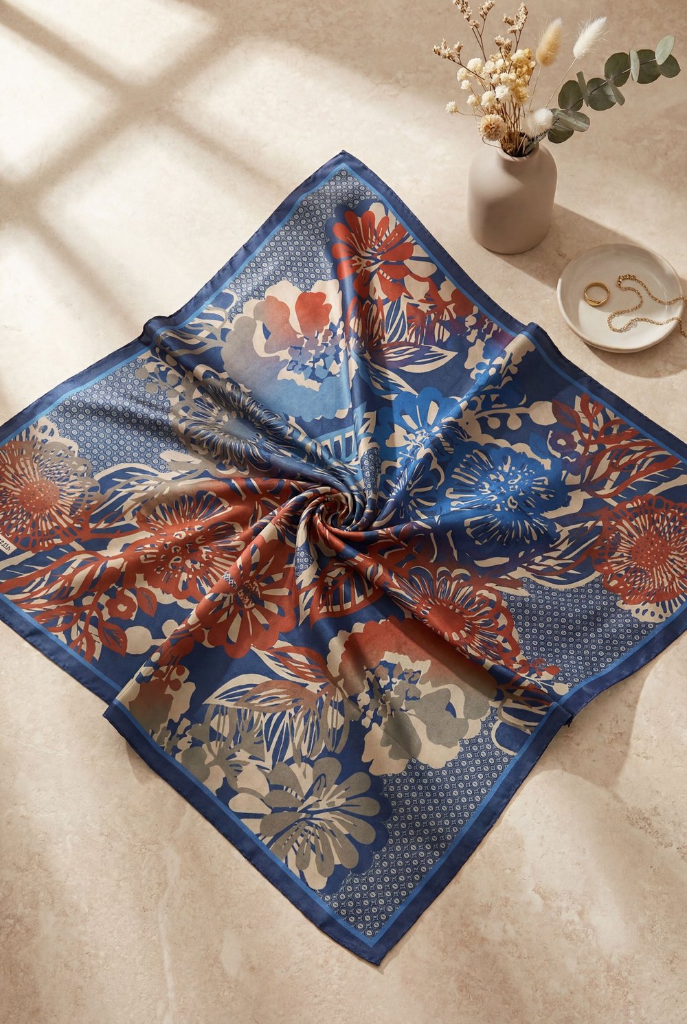 Botanik Efektli Rayon Eşarp -Koyu Lacivert