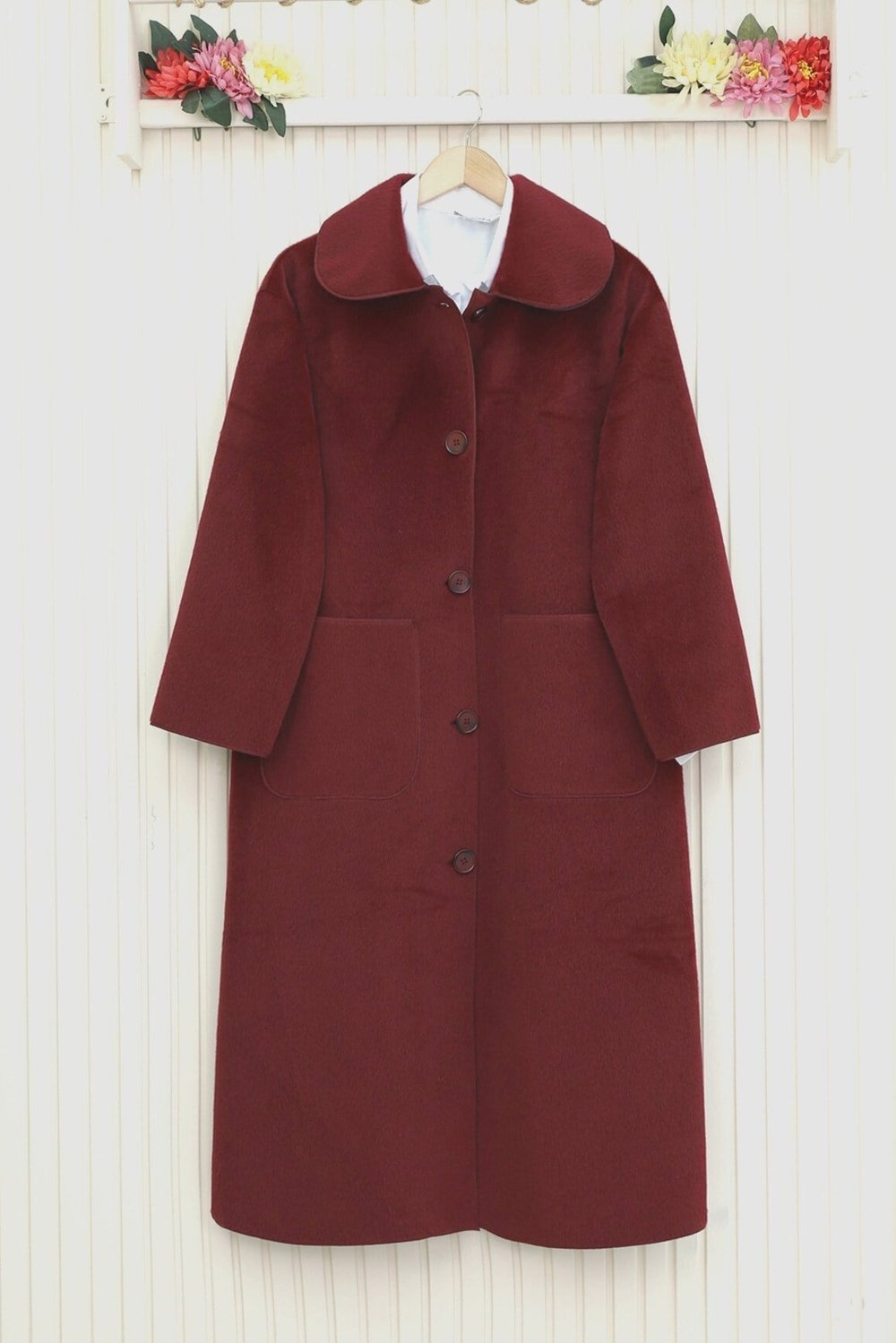 Boydan Düğmeli Cepli Kaban  -Bordo