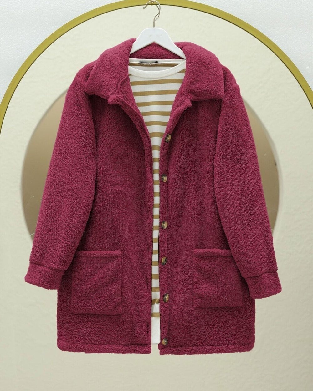 Boydan Düğmeli Cepli Pelüş Ceket   -Bordo