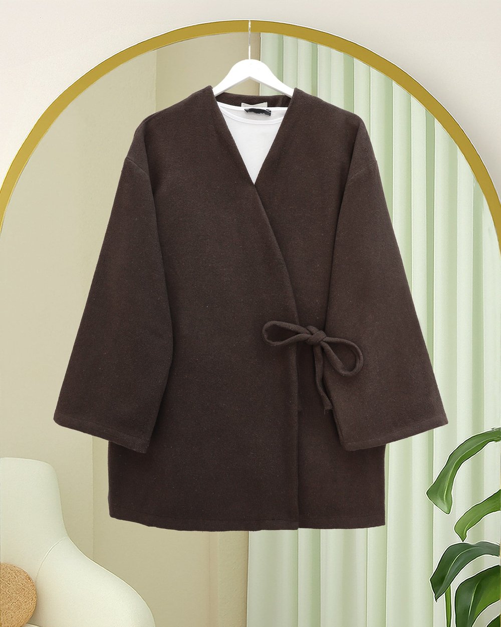 Çapraz Bağlamalı Kaşe Kimono -Kahve