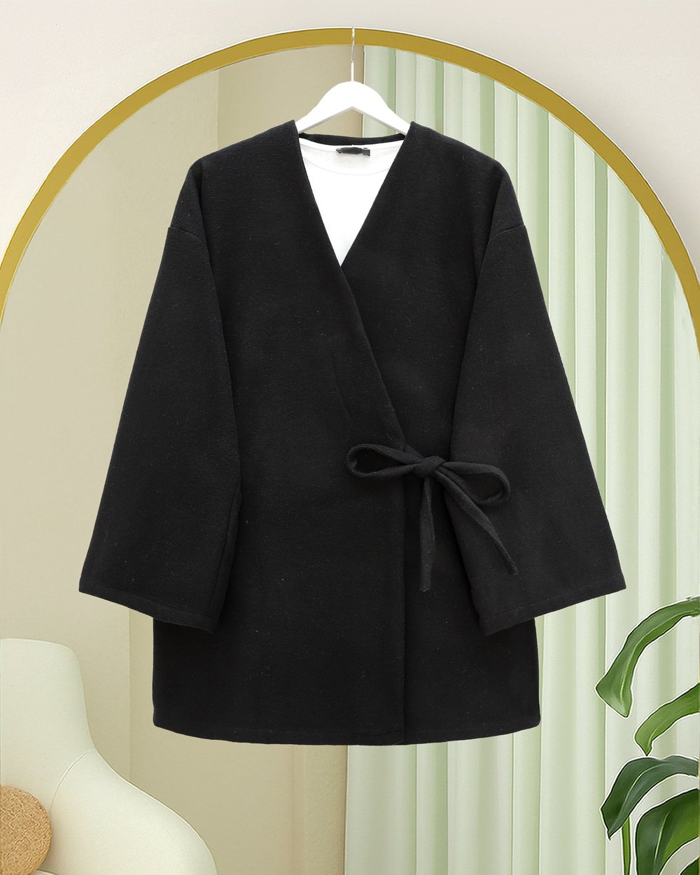 Çapraz Bağlamalı Kaşe Kimono -Siyah