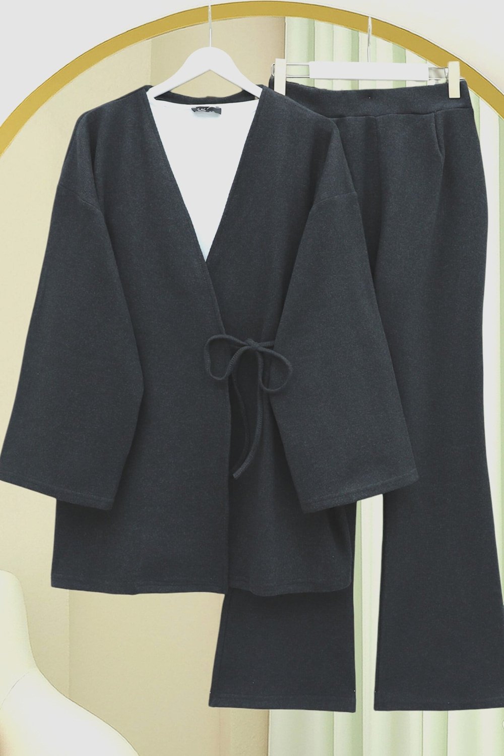 Çapraz Bağlamalı Selanik Kimono Takım -Antrasit