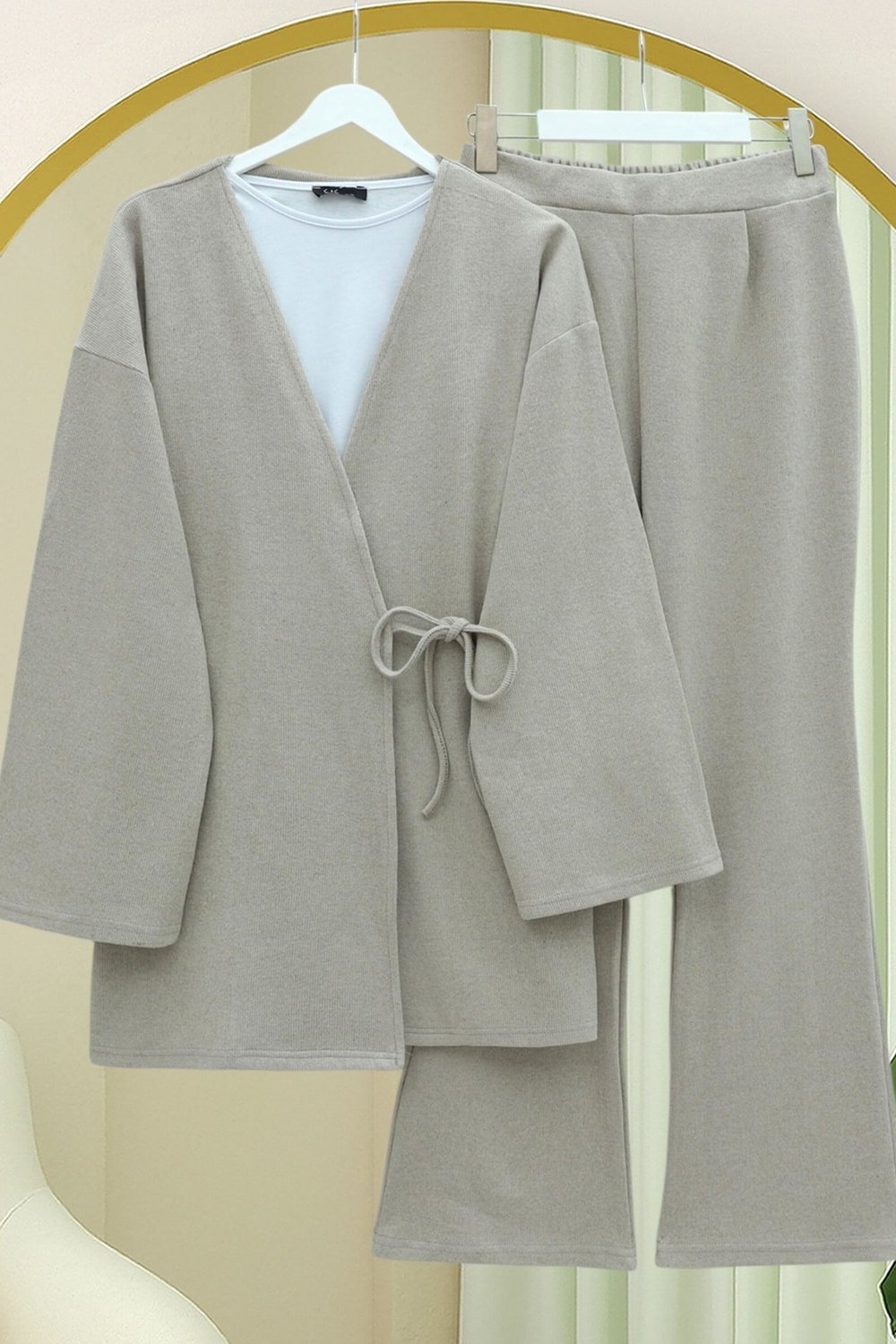 Çapraz Bağlamalı Selanik Kimono Takım -Bej