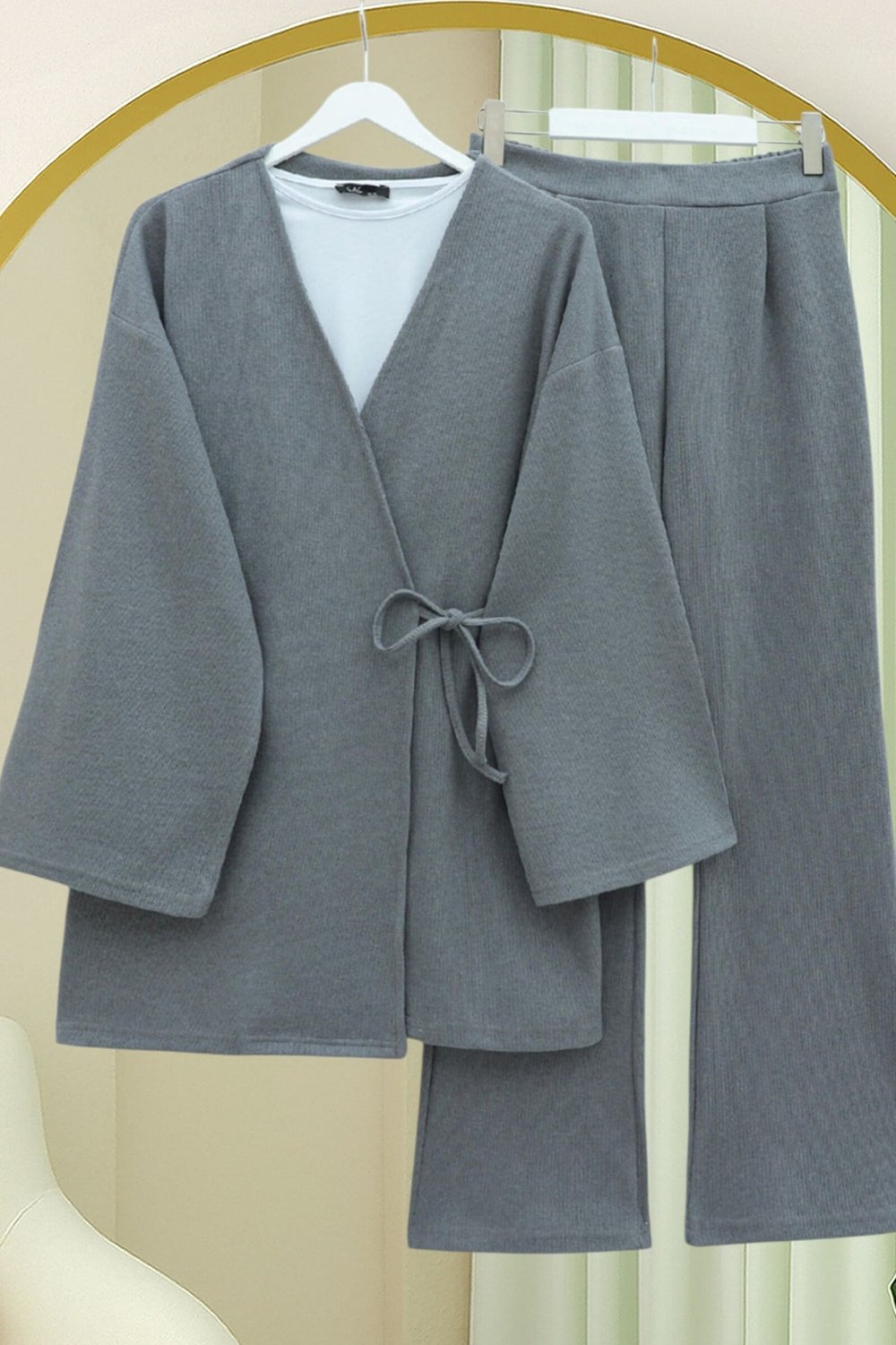 Çapraz Bağlamalı Selanik Kimono Takım -Gri