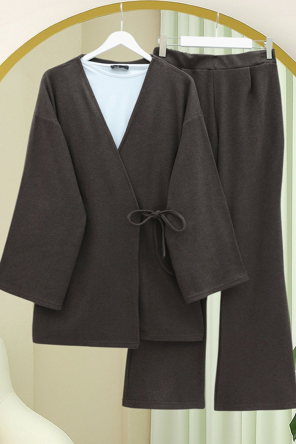 Çapraz Bağlamalı Selanik Kimono Takım -Kahve