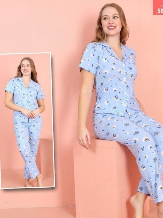 Çiçek Desenli Düğmeli Milan Pijama Takımı -Mavi