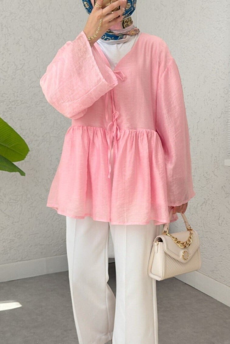 Çift Bağlamalı İçi Astarlı Modal Kimono -Pembe
