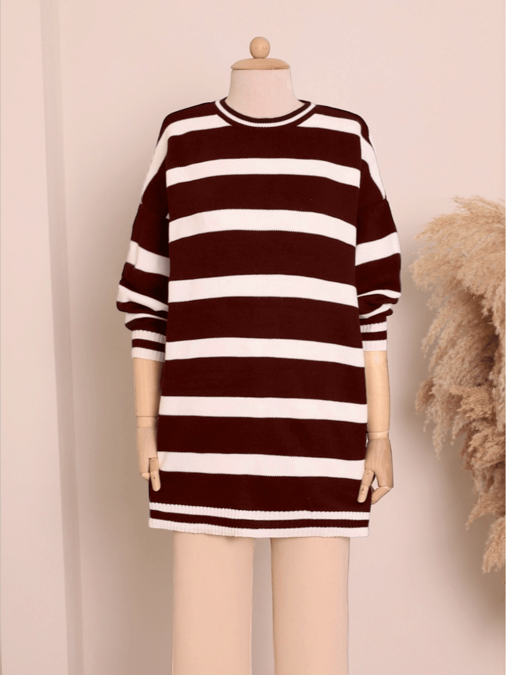 Çizgili Kışlık Tesettür Triko Tunik   -Bordo