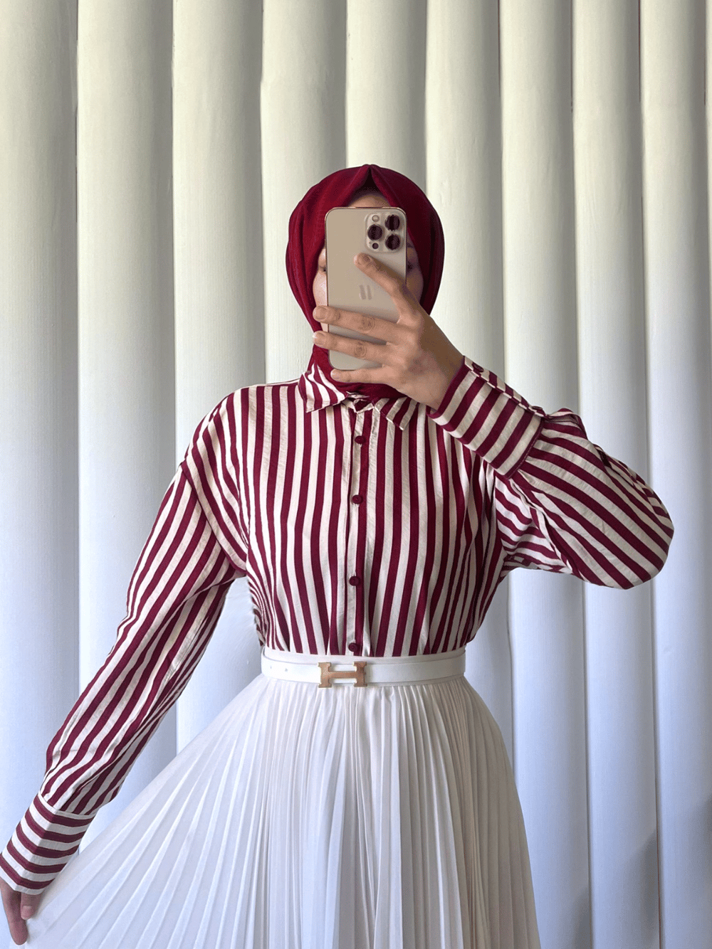 Çizgili Oversize Düğmeli Gömlek -Bordo