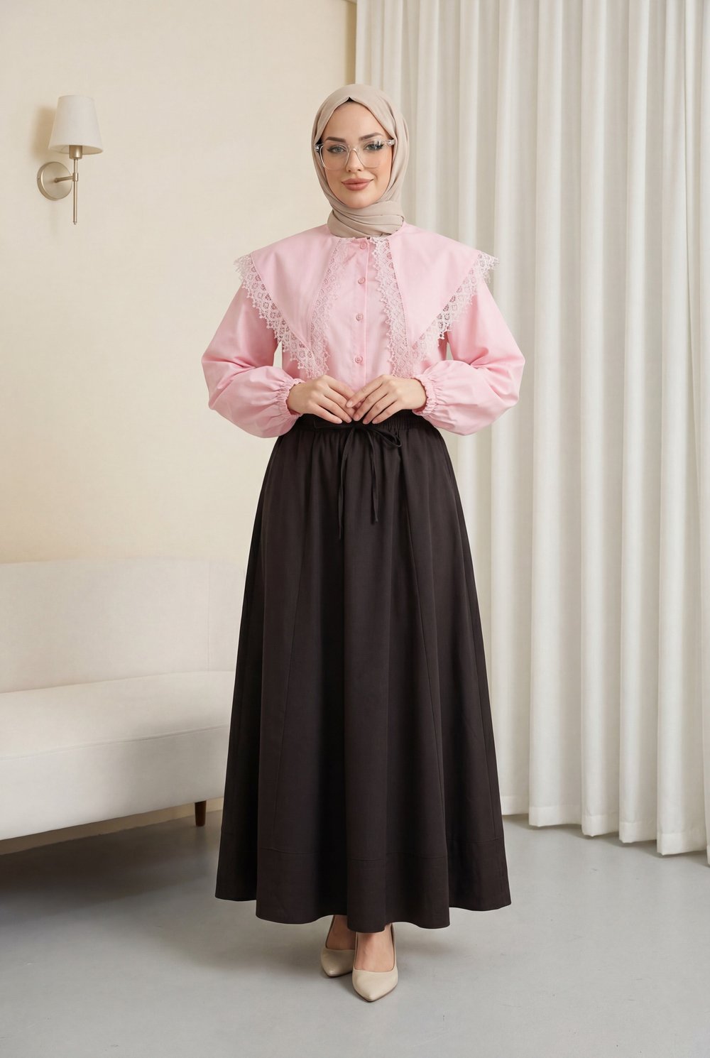 Dantelli Geniş Yakalı Bağcıklı Kolu Lastikli Poplin Gömlek -Pembe