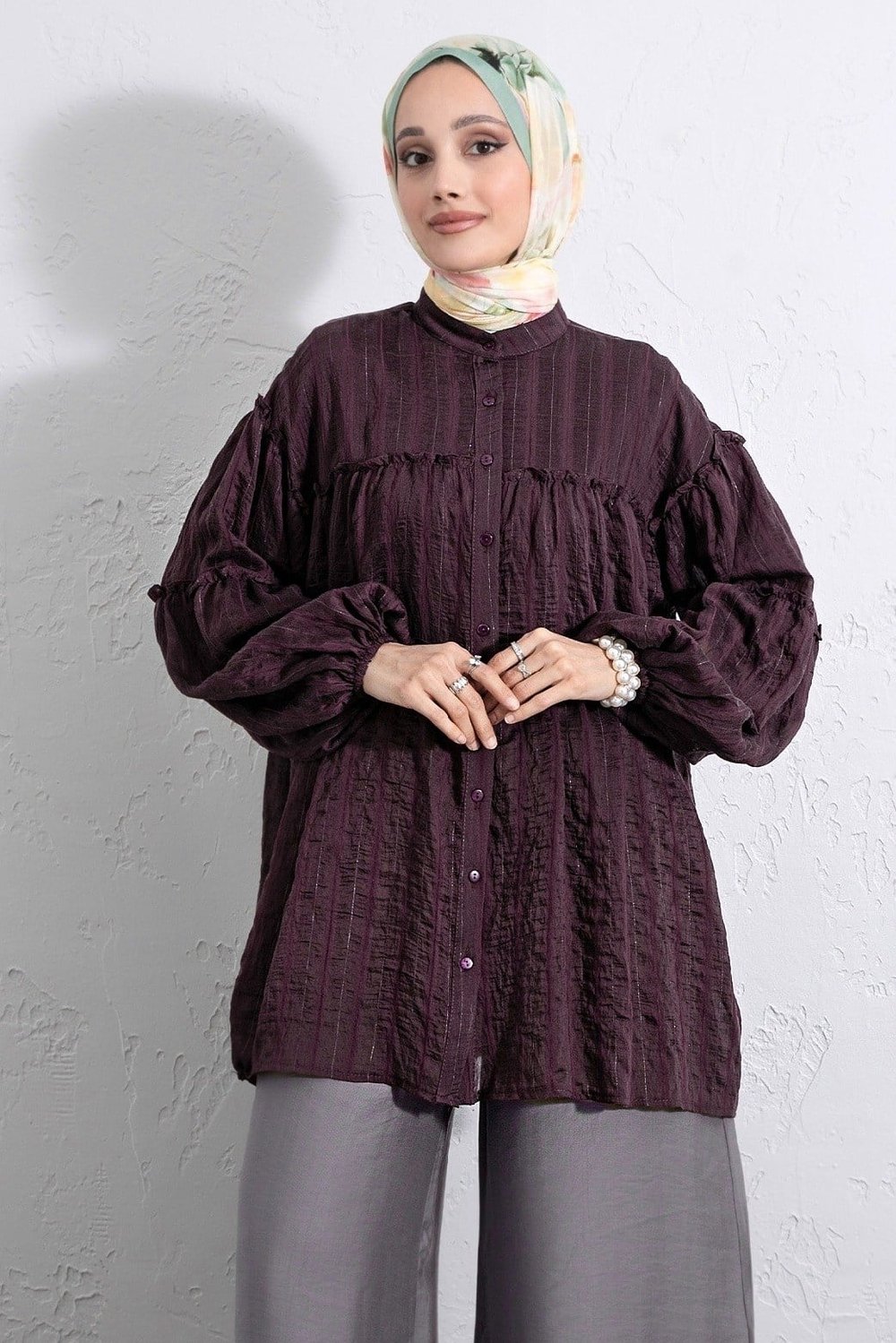 Dik Yaka Sim Çizgili Balon Kol Oversize Gofre Tunik -Mürdüm