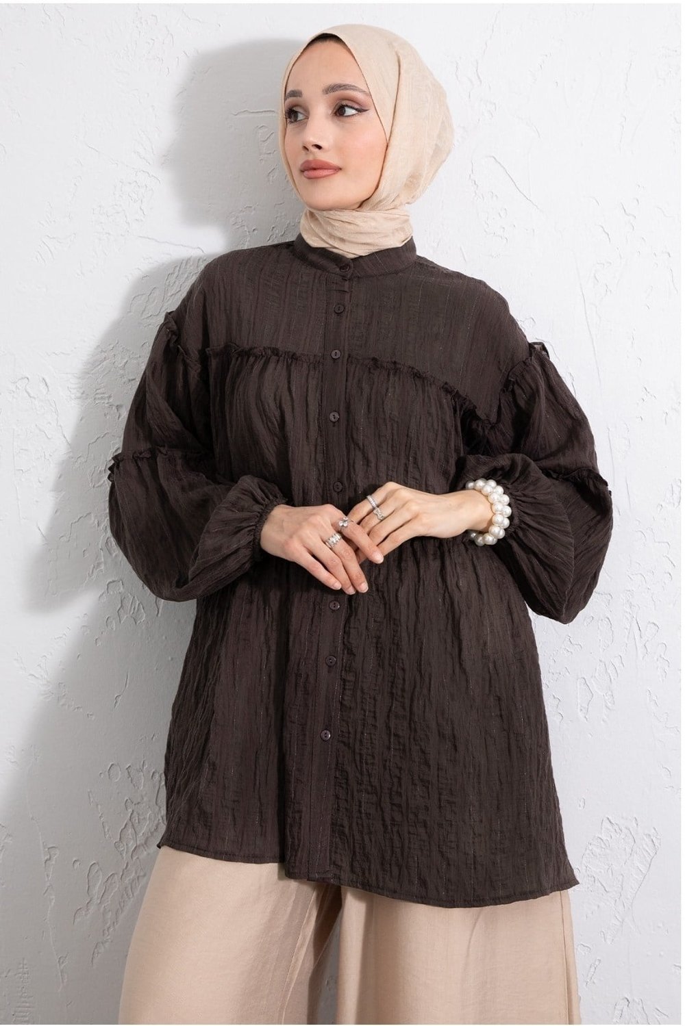 Dik Yaka Sim Çizgili Balon Kol Oversize Gofre Tunik -K. Kahve