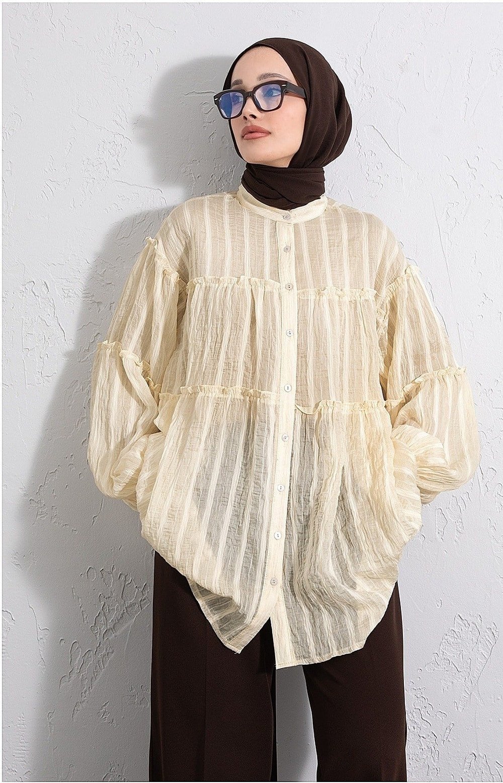 Dik Yaka Sim Çizgili Balon Kol Oversize Gofre Tunik -Açık Sarı