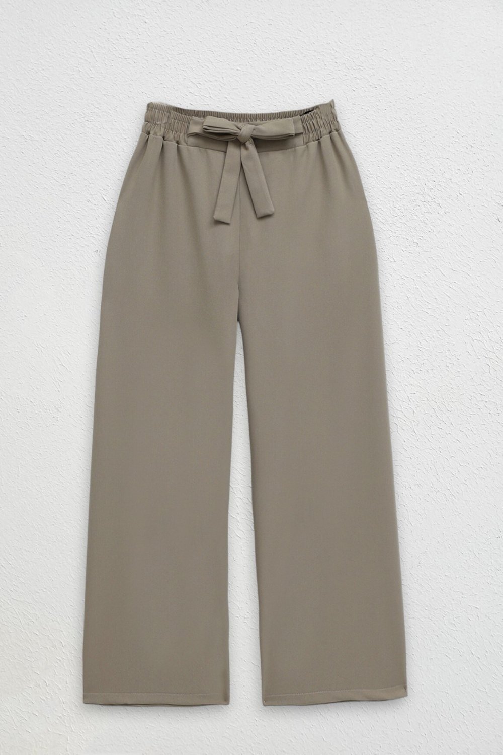 Duble Kumaş Beli Kuşaklı Bol Paça Pantolon   -Vizon