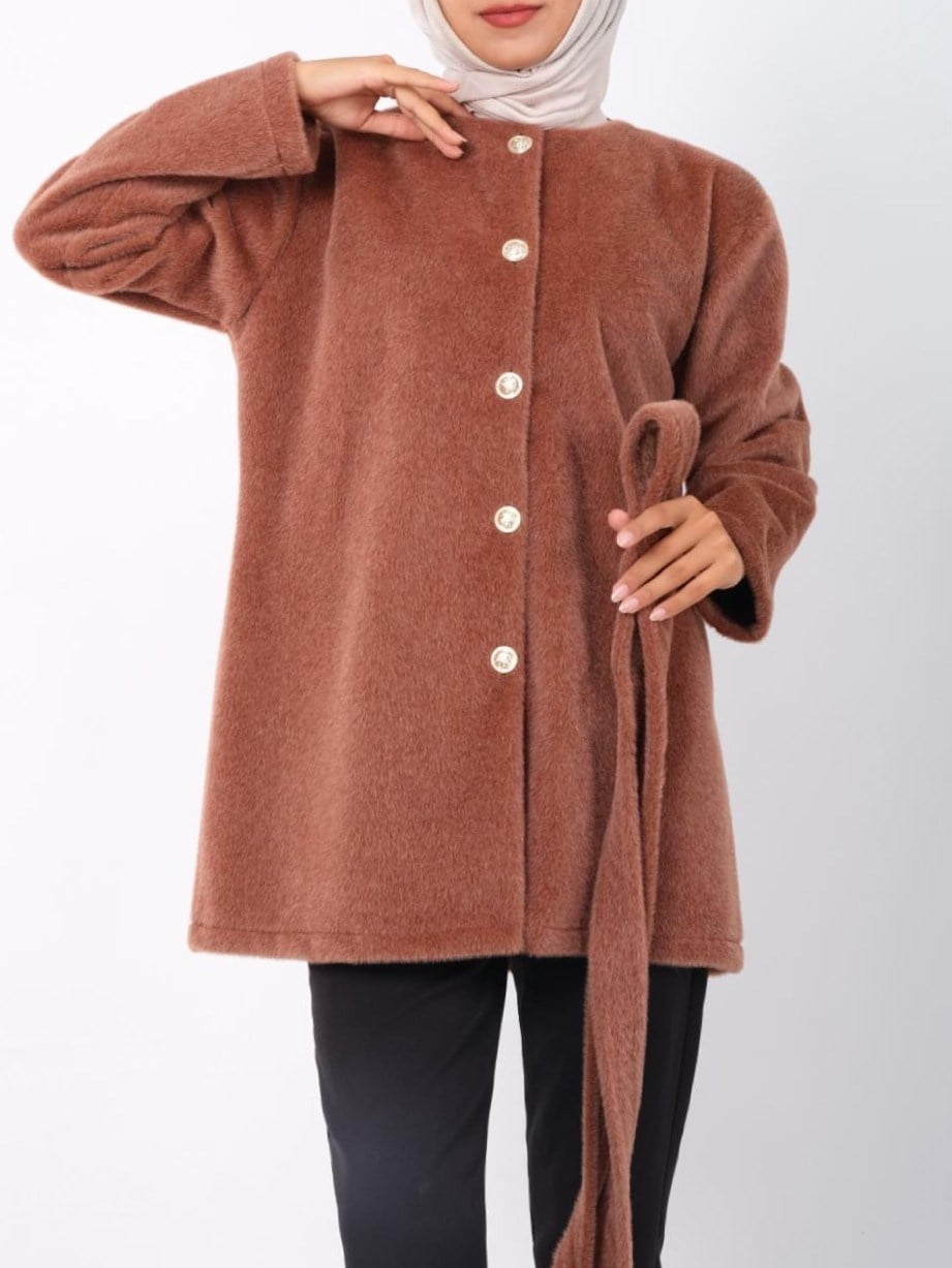 Düğmeli Beli Bağlamalı Kürklü Ceket -Kahve