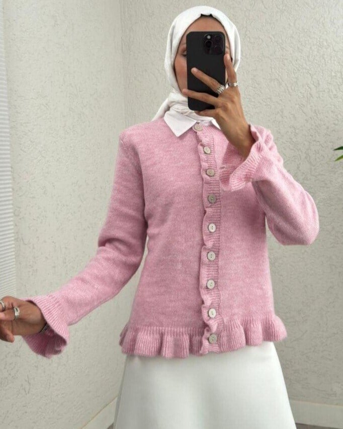 Düğmeli Önü Ve Eteği Fırfırlı Hırka -Pembe