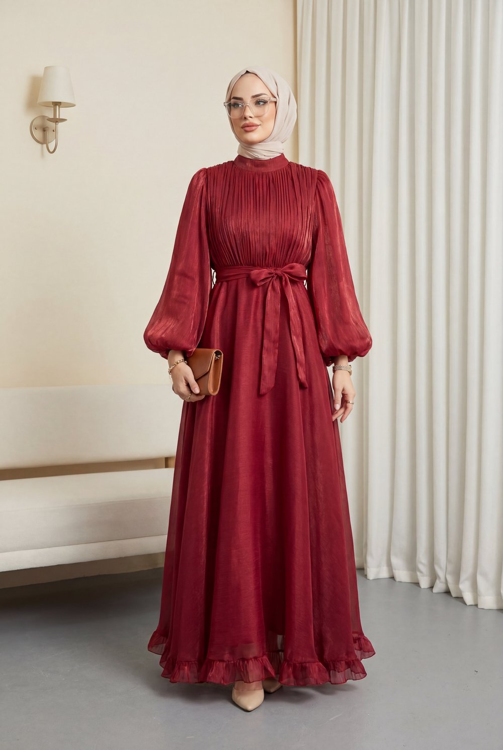 Eteği Volanlı Kemerli Janjan Şifon Elbise -Bordo