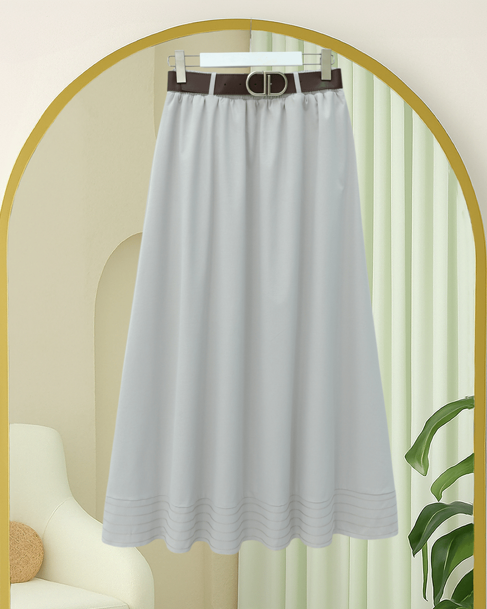 Etek Ucu Dikiş Detaylı Beli Lastikli Astarlı İthal Soft Gabardin Etek -Taş